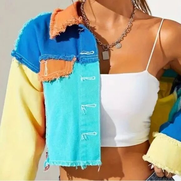 Color Block Raw Hem Frayed Button Up Crop Jacket - Picture 4 of 4